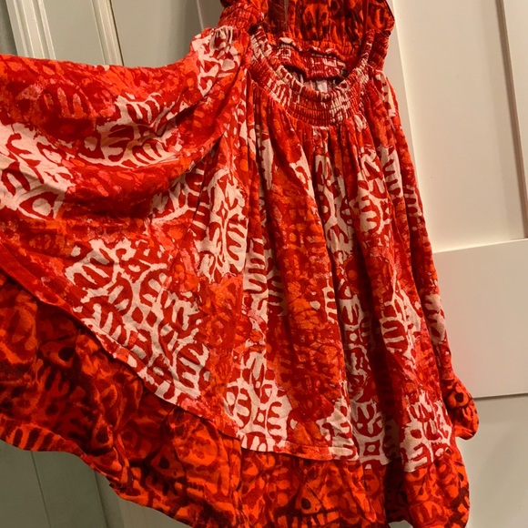 FREE PEOPLE BEACH DAY RED BLOCK PRINT HALTER TIE OPEN BACK SWING DRESS XS - Picture 13 of 16